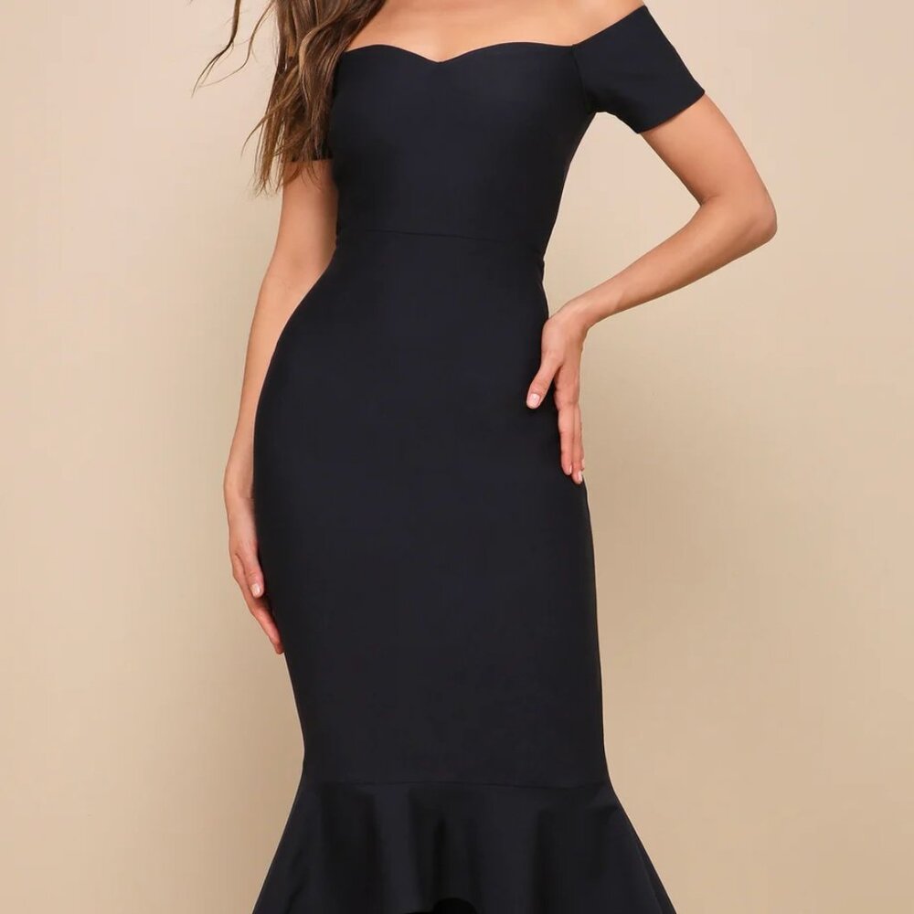 Midnight Blue Off-the-Shoulder Midi Dress